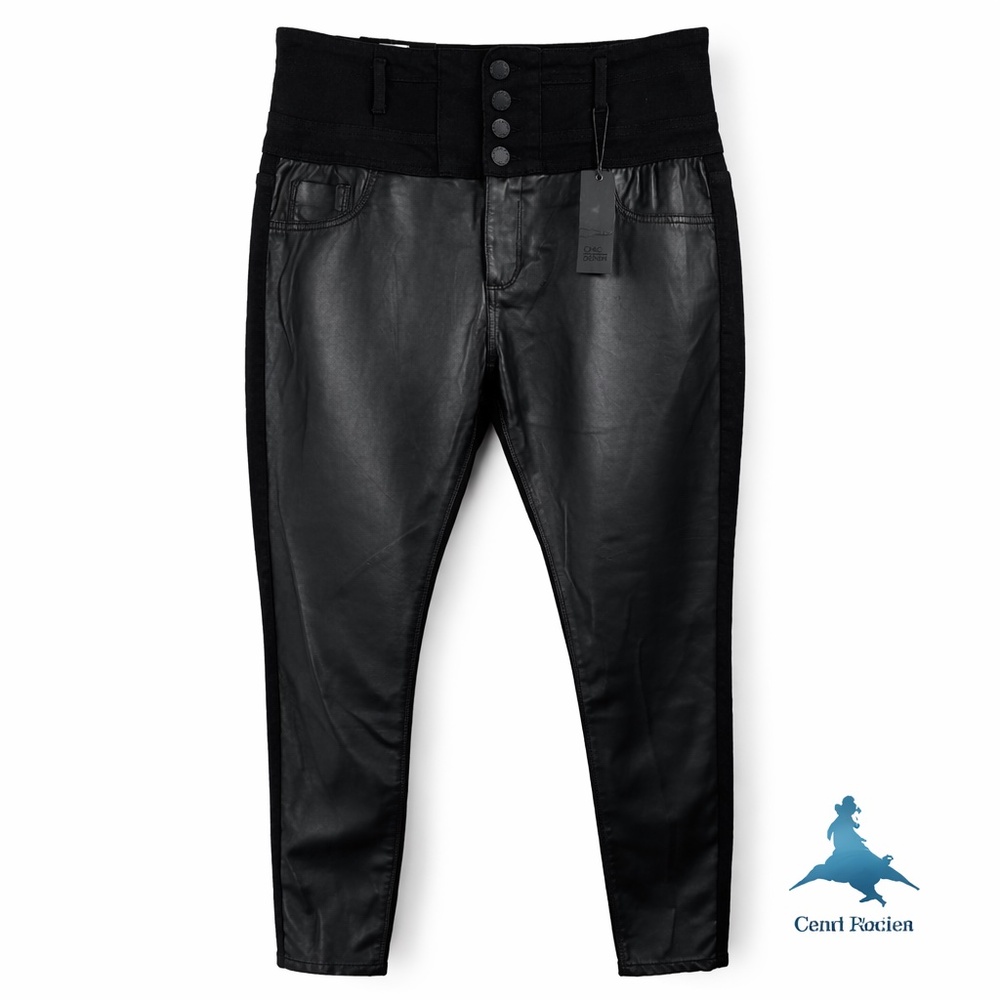 1225 NWT Chic Denim Skylar Corset Skinny Faux Leather Hybrid Jeans 16S - Black